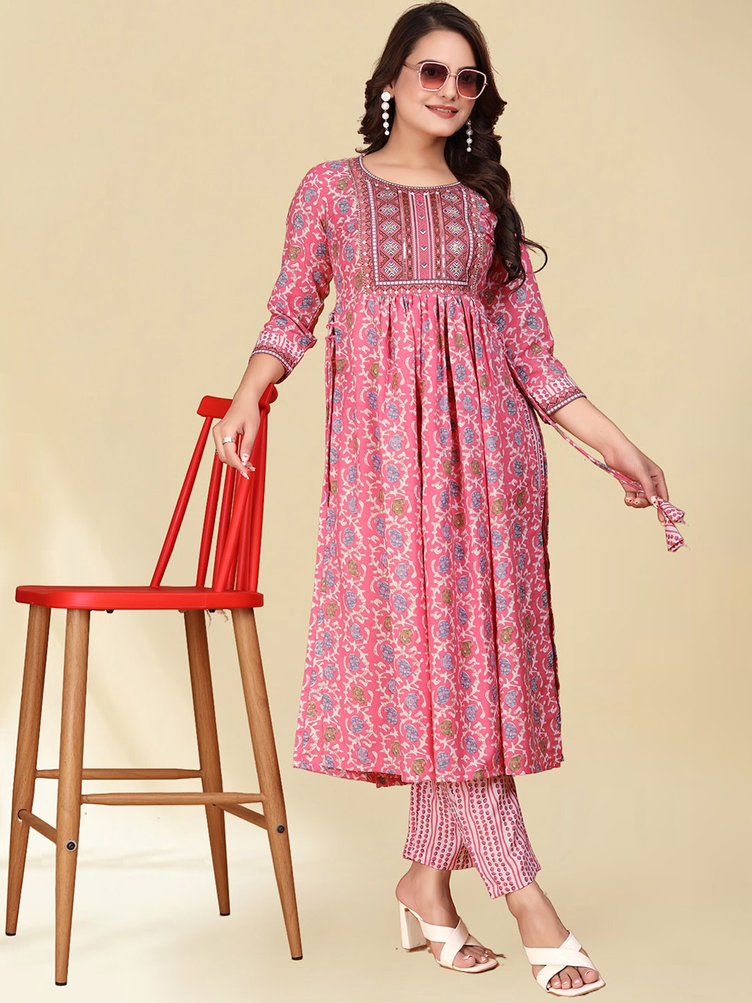 

Anouk Ethnic Motifs Embroidered Pleated Thread Work Anarkali Kurta With Trousers, Pink
