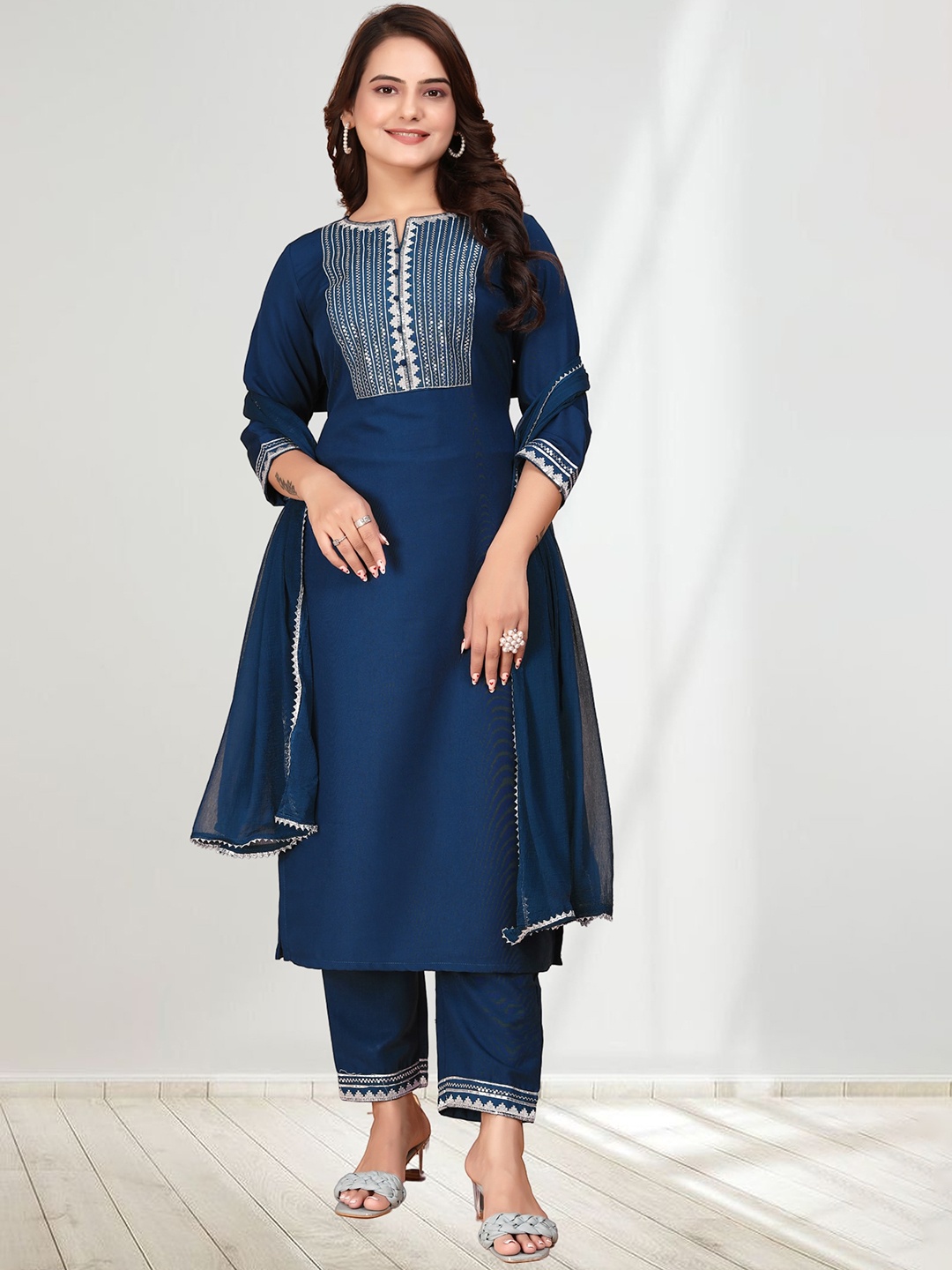 

Anouk Ethnic Motifs Embroidered Sequinned Straight Kurta With Trousers & Dupatta, Blue