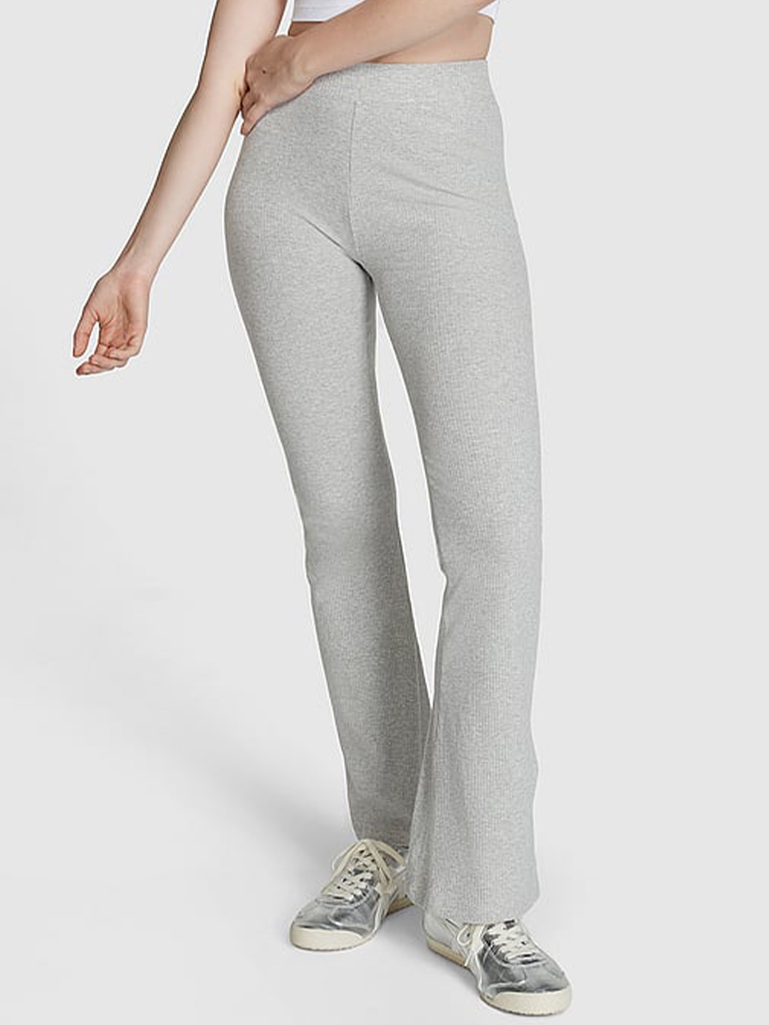 

Victoria's Secret PINK Women Stretch Ribbed Flared Track Pants, Grey
