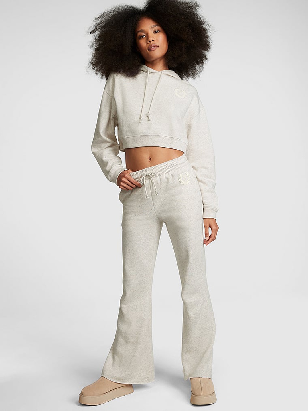 

Victoria's Secret Everyday Women Fleece High-Rise Flared Track Pants, Beige