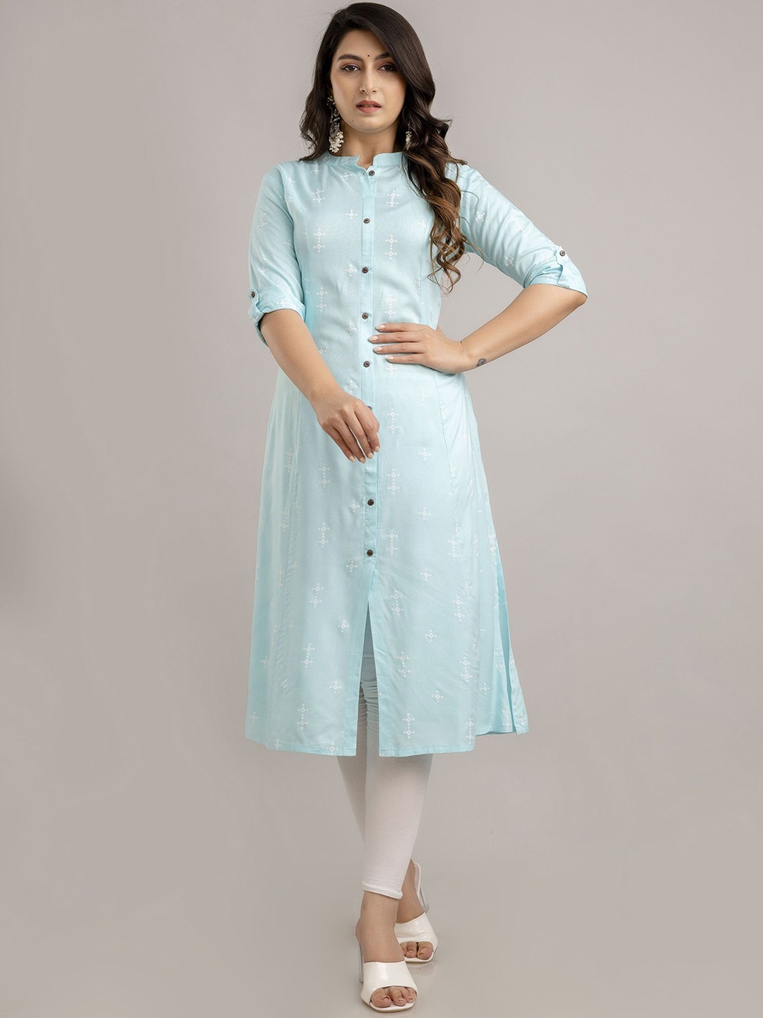 

SP DESIGNS Geometric Printed Mandarin Collar Roll-Up Sleeves Cotton A-Line Kurta, Turquoise blue