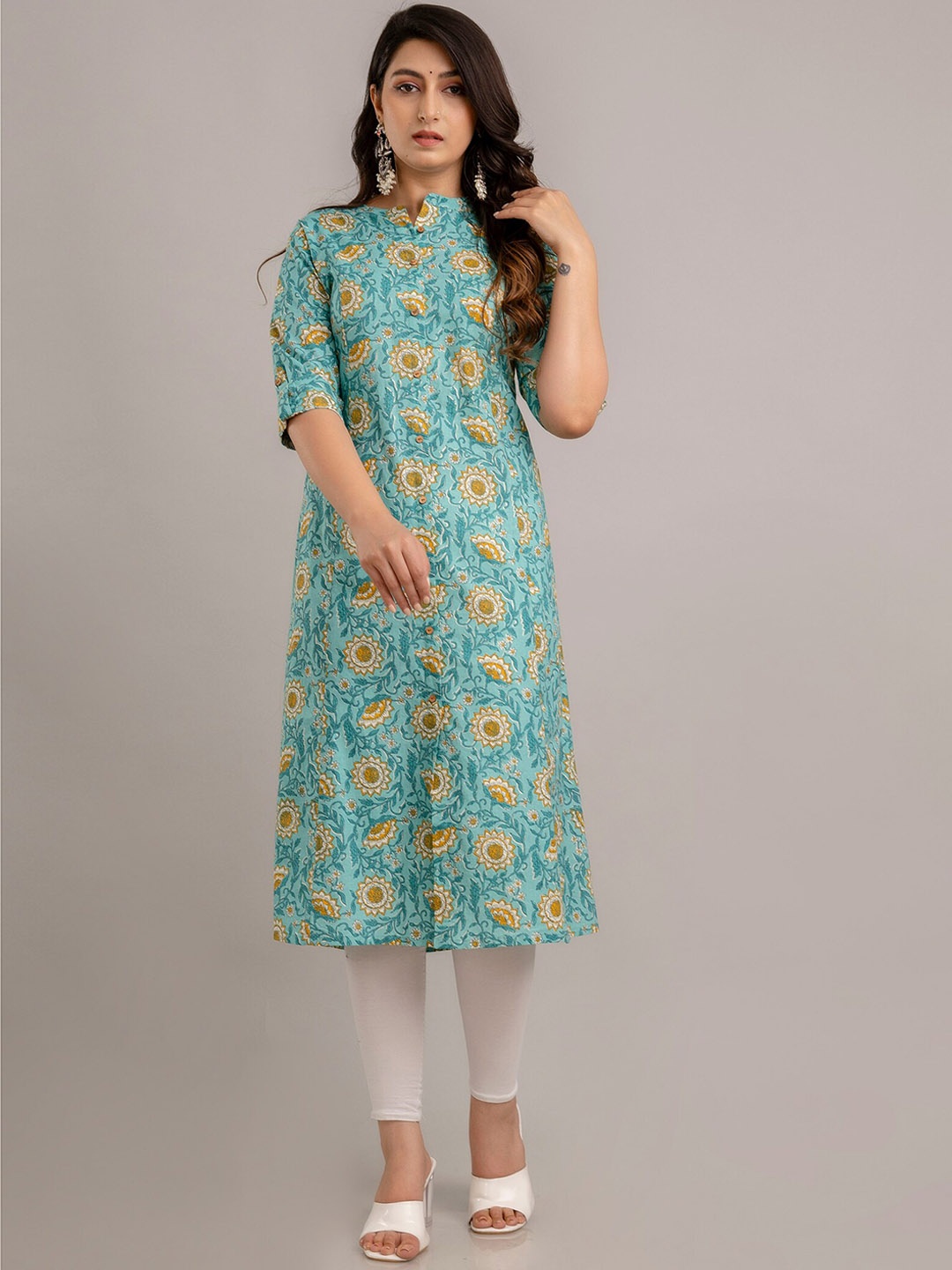

SP DESIGNS Ethnic Motifs Printed Mandarin Collar Pure Cotton A-Line Kurta, Green