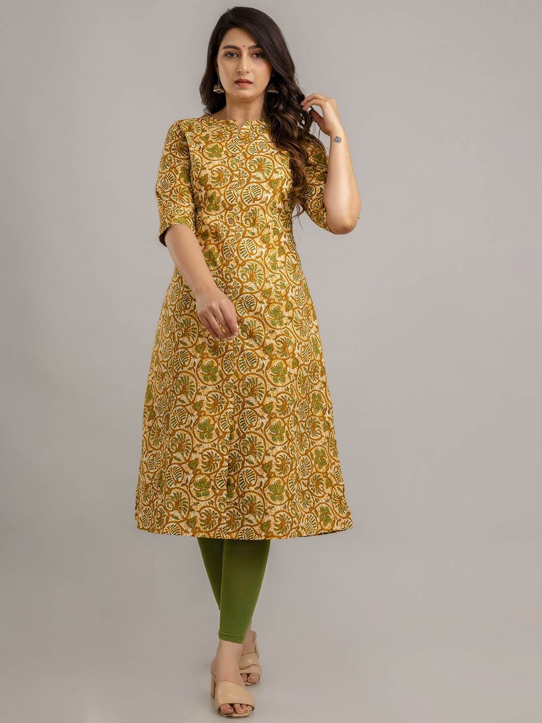 

SP DESIGNS Floral Printed Mandarin Collar Cotton A-Line Kurta, Mustard