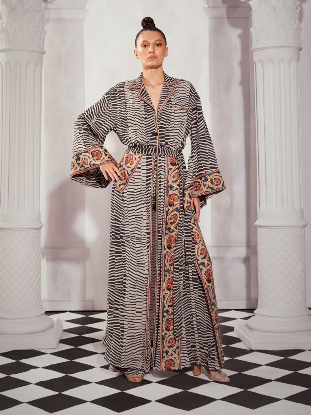 

Nikita Mhaisalkar Geometric Printed Cuban Collar A-Line Maxi Dress, Black