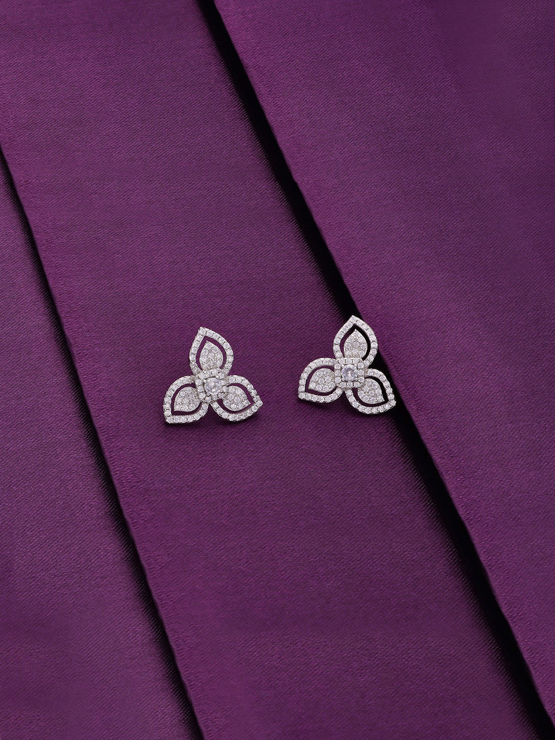 

KAI JEWEL 92.5 Sterling Silver Rhodium-Plated Cubic Zirconia Studded Floral Studs Earrings