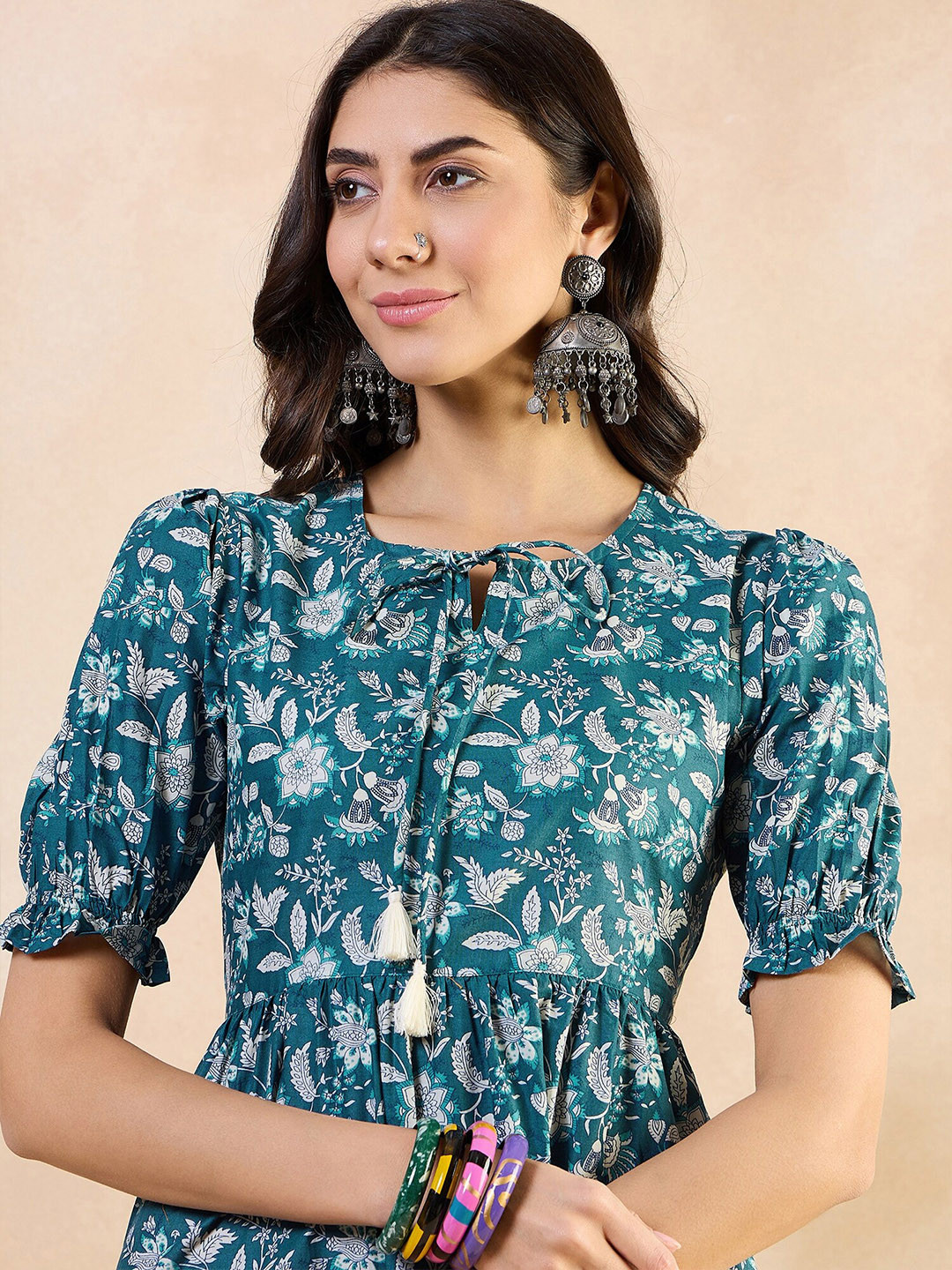

Anouk Tie Up Neck Floral Printed Cotton A Line Dress, Blue