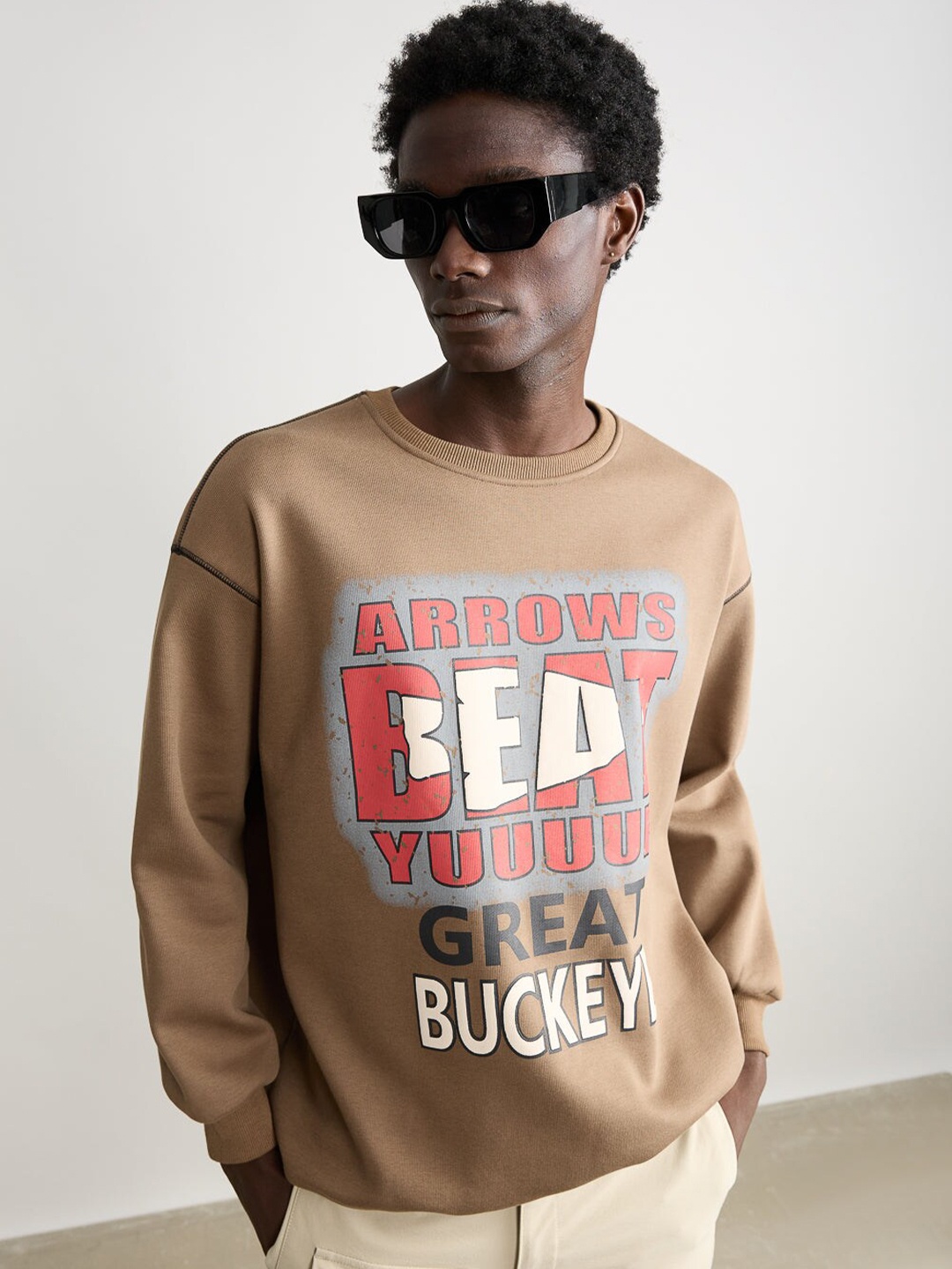 

FREAKINS Typography Printed Cotton Pullover Sweatshirt, Brown