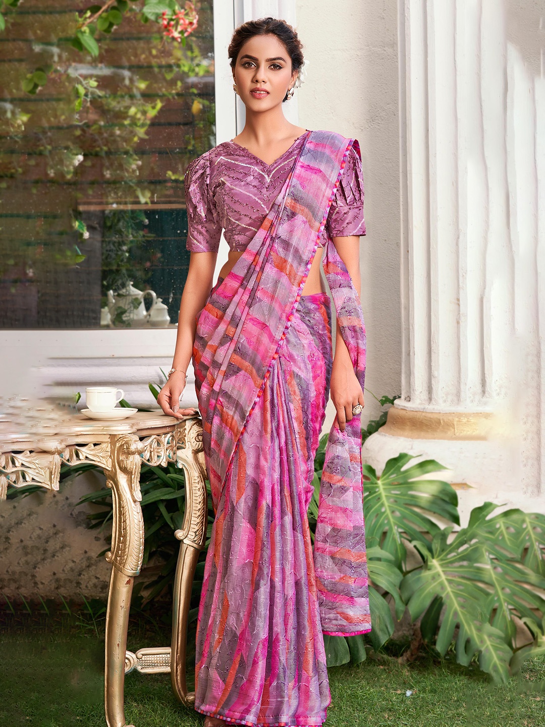 

Mitera Embroidered Brasso Saree, Purple