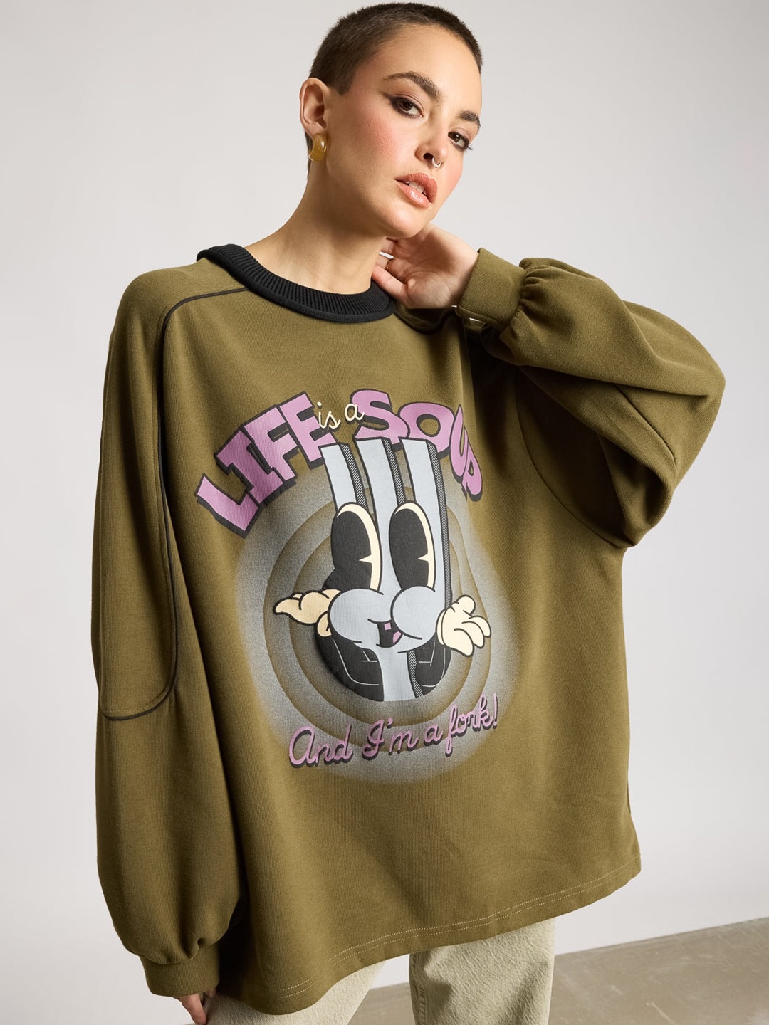 

FREAKINS Graphic Printed Cotton Oversized Pullover Sweatshirt, Green