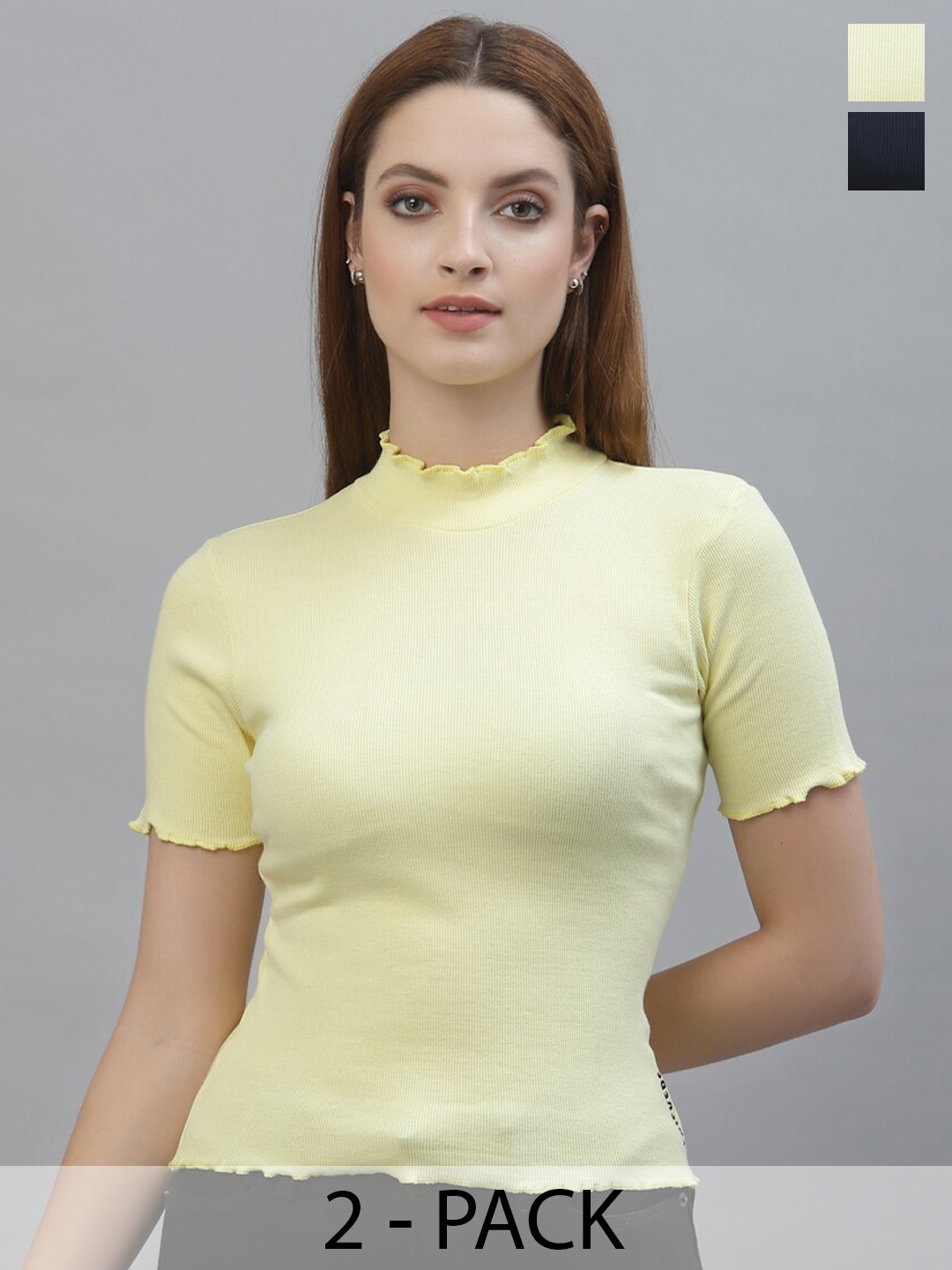 

Friskers Pack of 2 High Neck Cotton Regular Fitted Tops, Yellow
