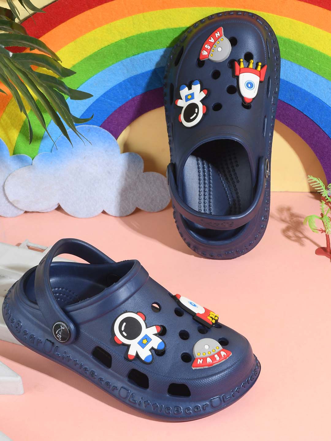 

KATS Kids Cartoon Charm Self Design Clogs, Navy blue