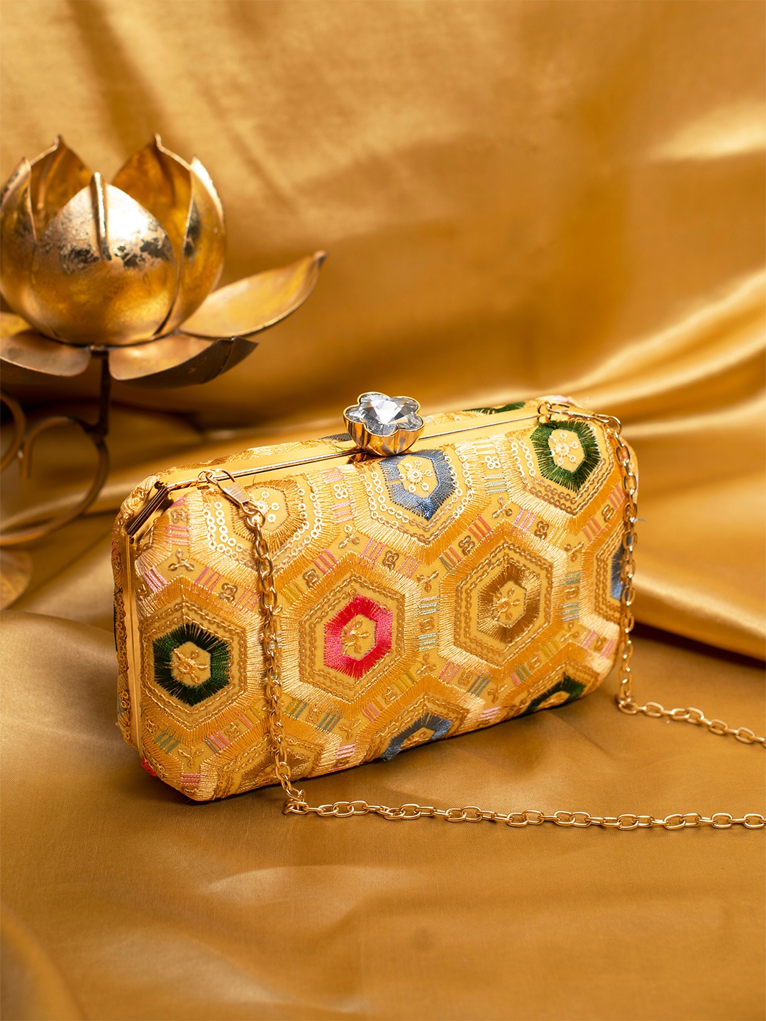 

ARTKLIM Embroidered Sequined Box Clutch, Gold