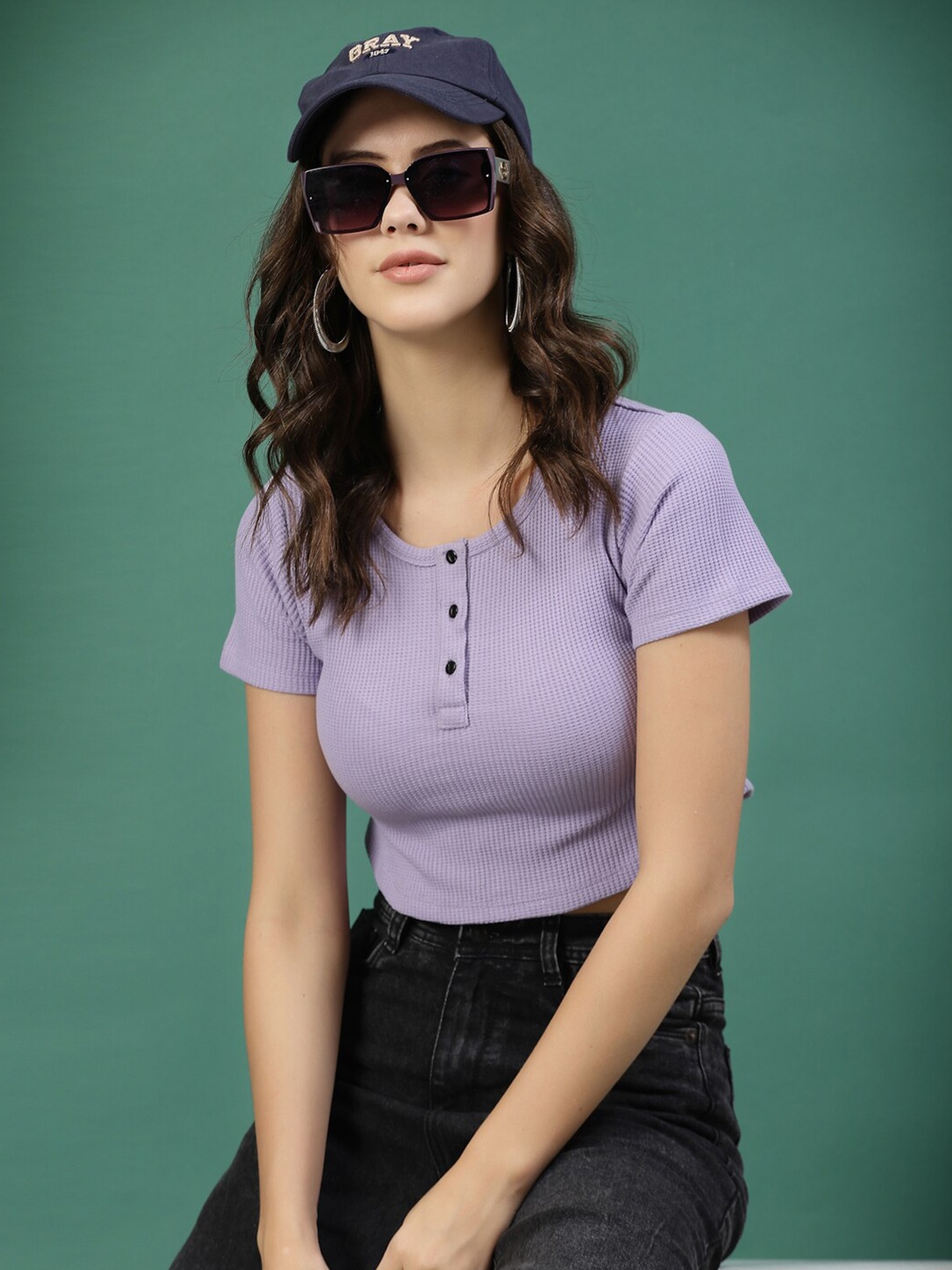 

Rigo Waffle Knit Crop Top, Purple