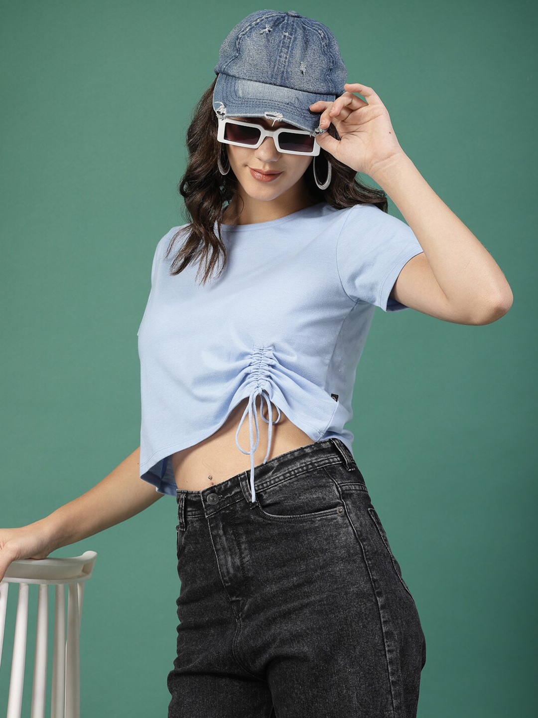 

Rigo Round Neck Ruched Crop Top, Blue