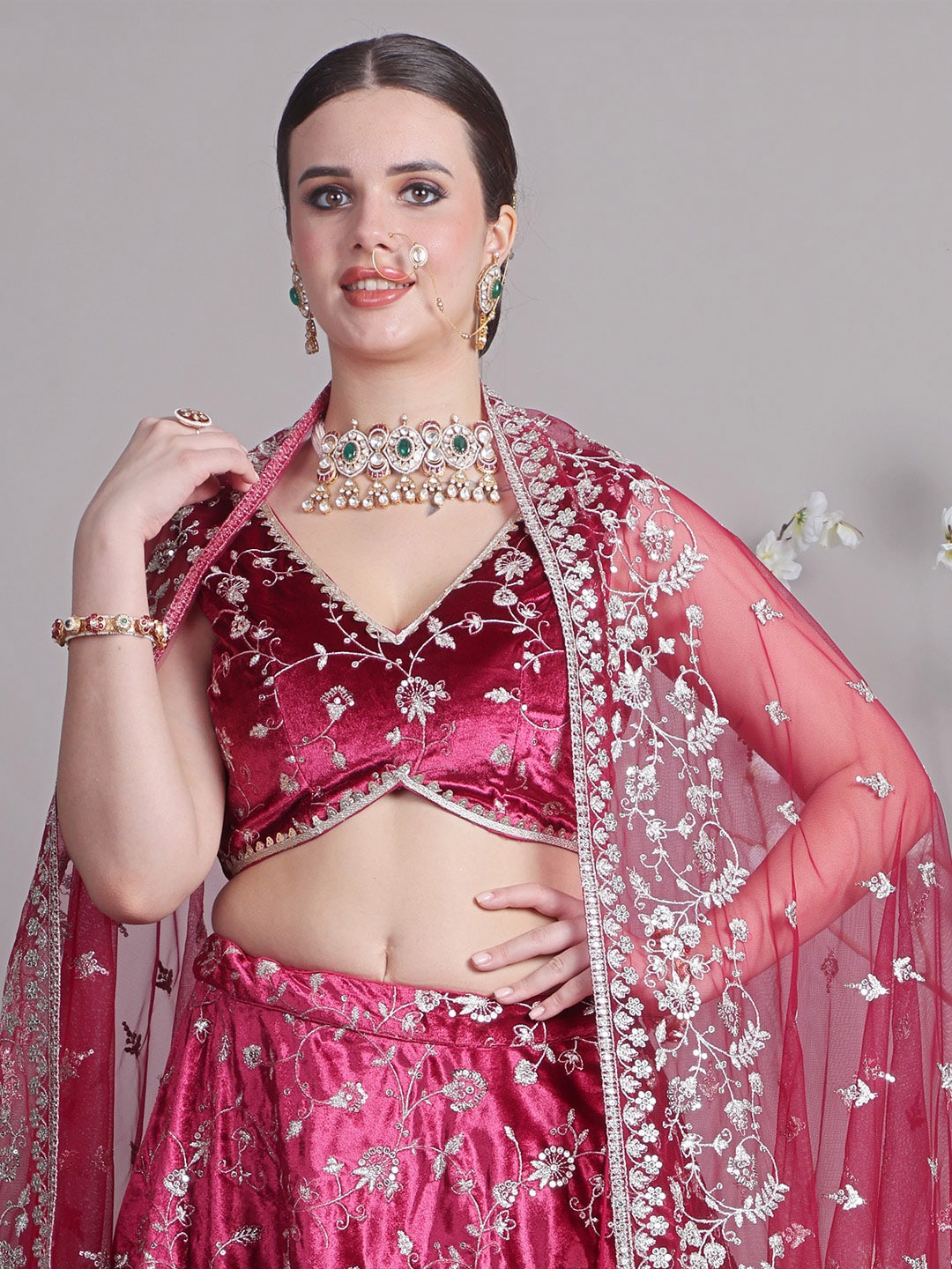 

Ethnovog Embroidered Sequined Velvet Sleeveless Saree Blouse, Pink