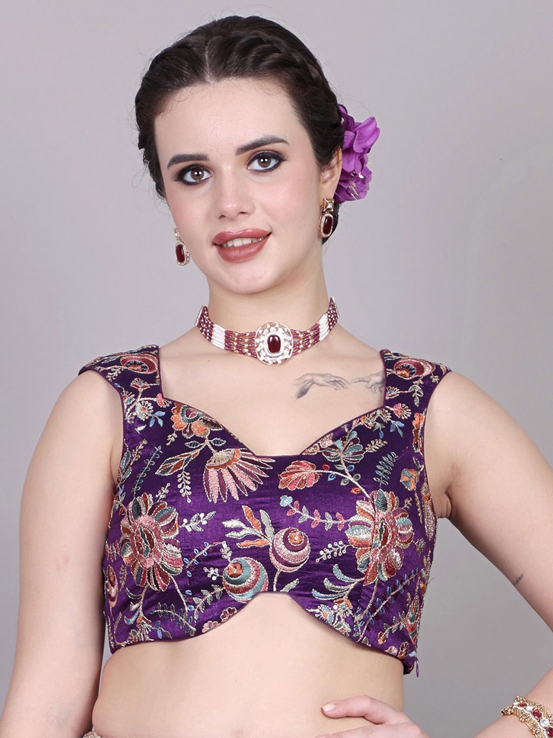 

Ethnovog Embroidered Sequined Silk Saree Blouse, Purple