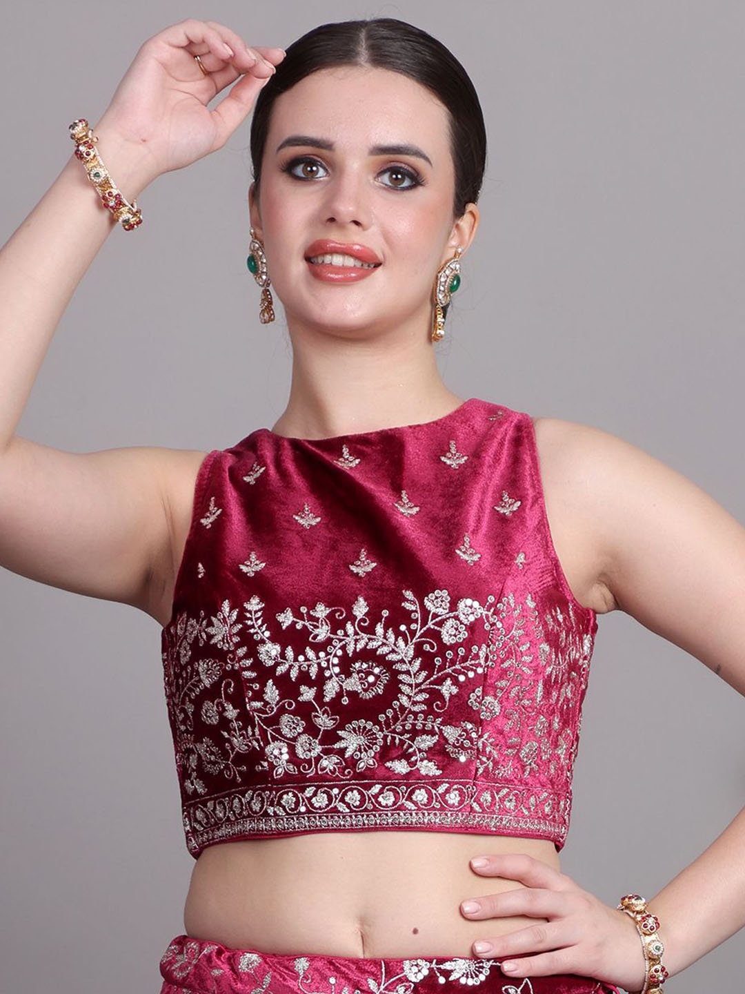 

Ethnovog Embroidered Sequined Velvet Saree Blouse, Pink