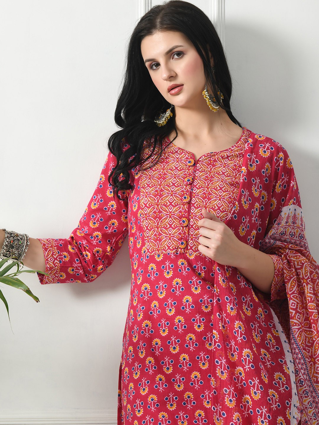 

LYCHNIS Floral Printed Pure Cotton A-Line Kurta with Trousers & With Dupatta, Pink