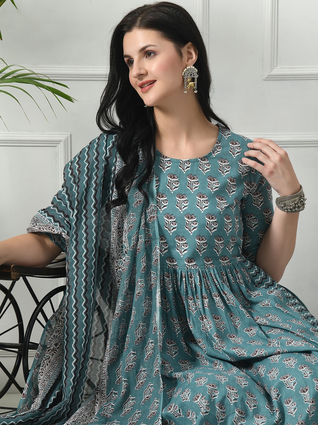 

LYCHNIS Floral Printed Pure Cotton A-Line Kurta with Trousers & With Dupatta, Blue