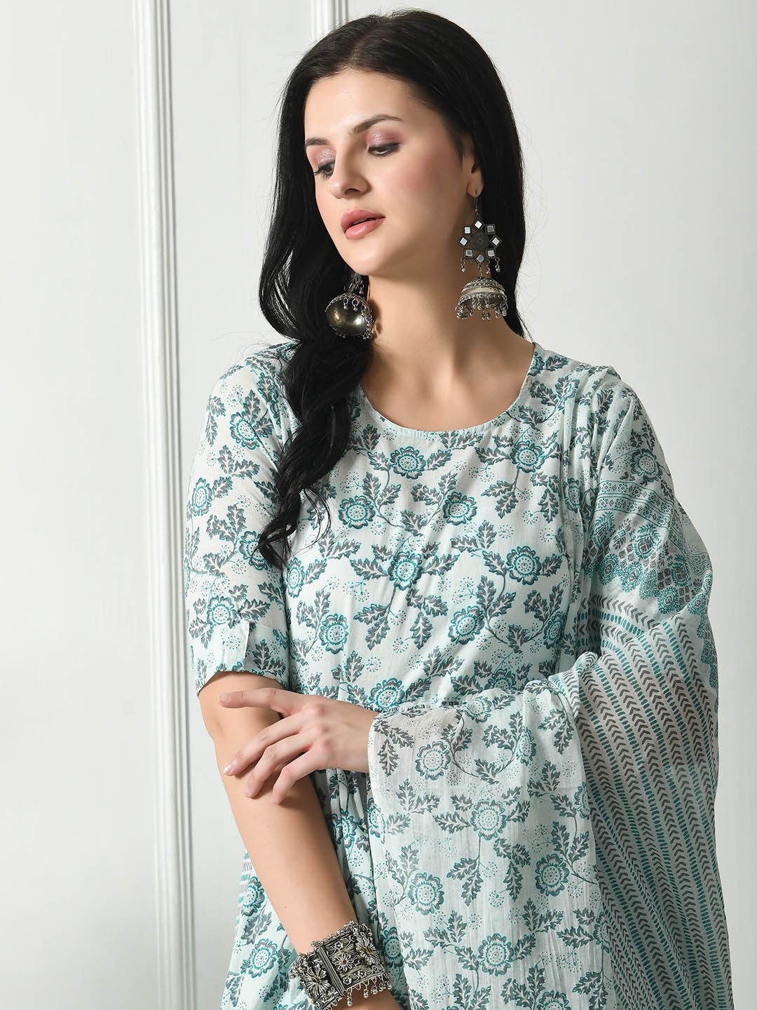 

LYCHNIS Floral Printed Pure Cotton Kurta with Trousers & With Dupatta, White