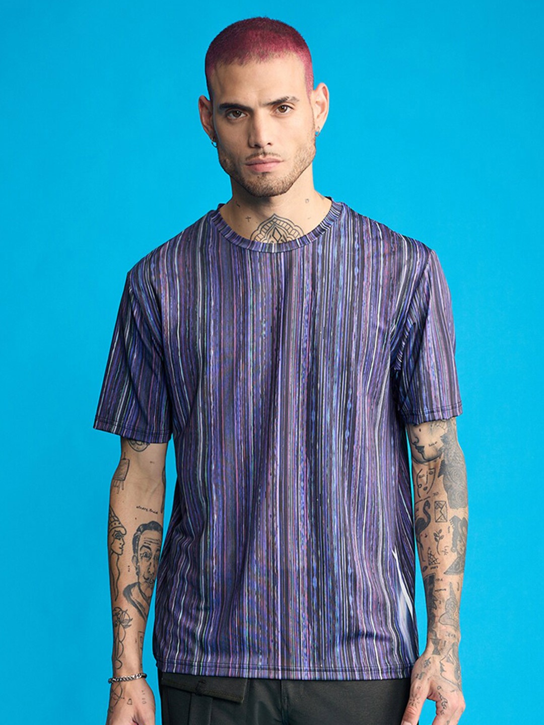 

FREAKINS Striped Round Neck Short Sleeves Casual T-shirt, Navy blue