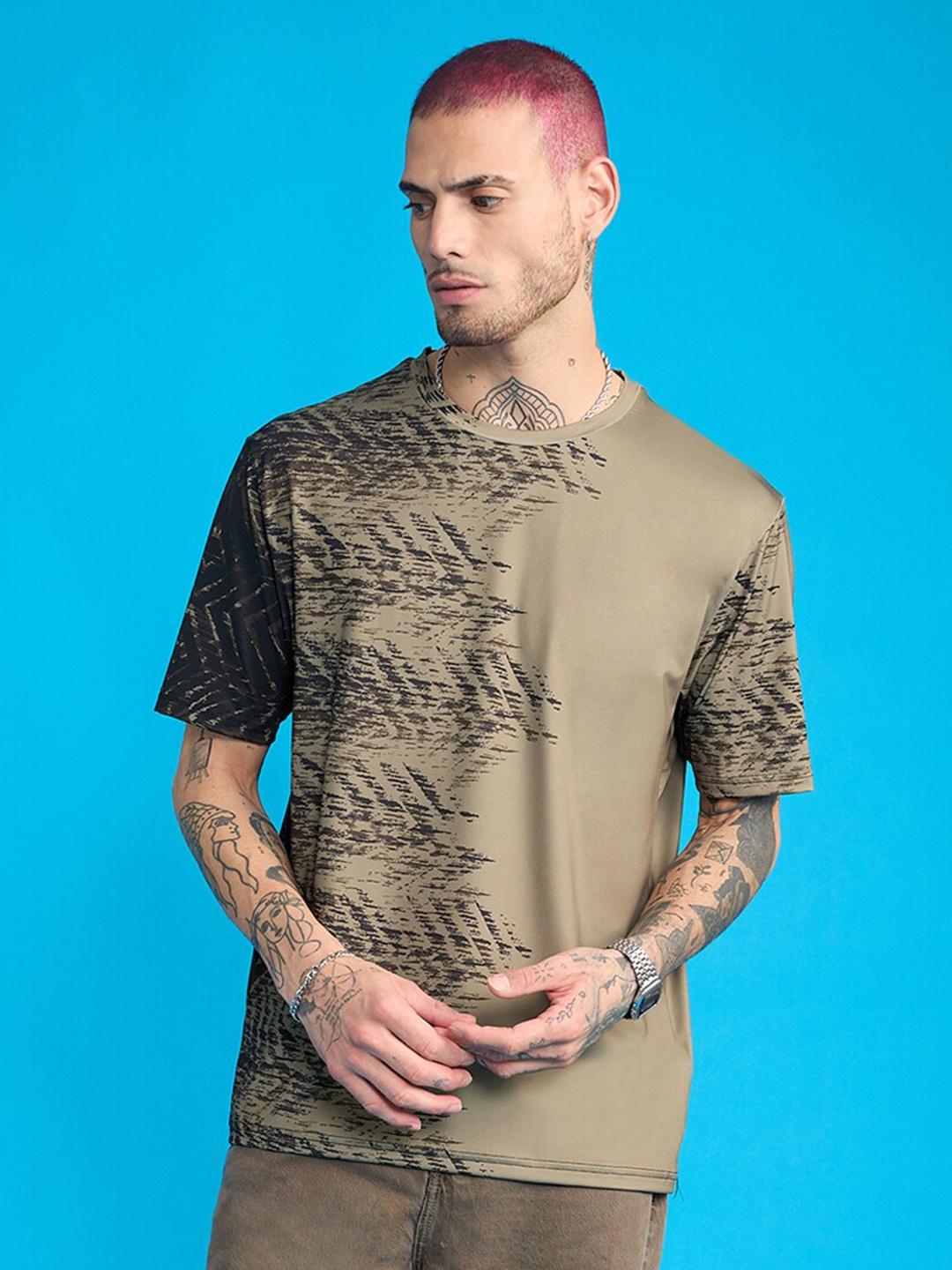 

FREAKINS Geometric Printed Round Neck Casual T-shirt, Olive