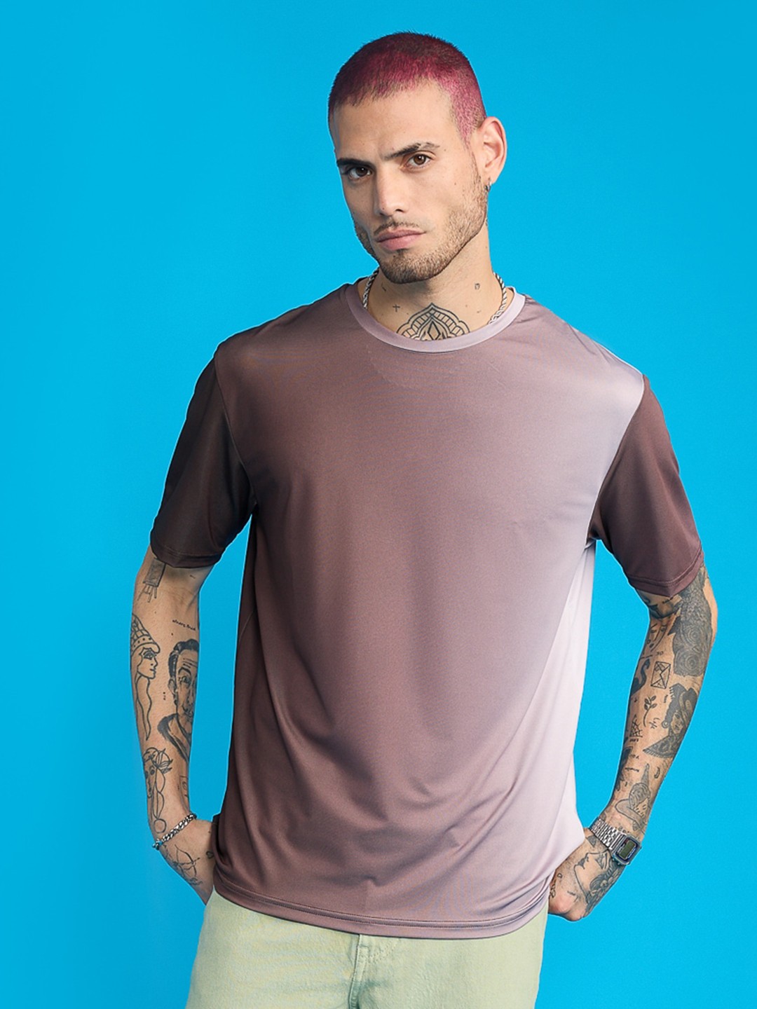 

FREAKINS Colourblocked Round Neck Short Sleeves Casual T-shirt, Brown
