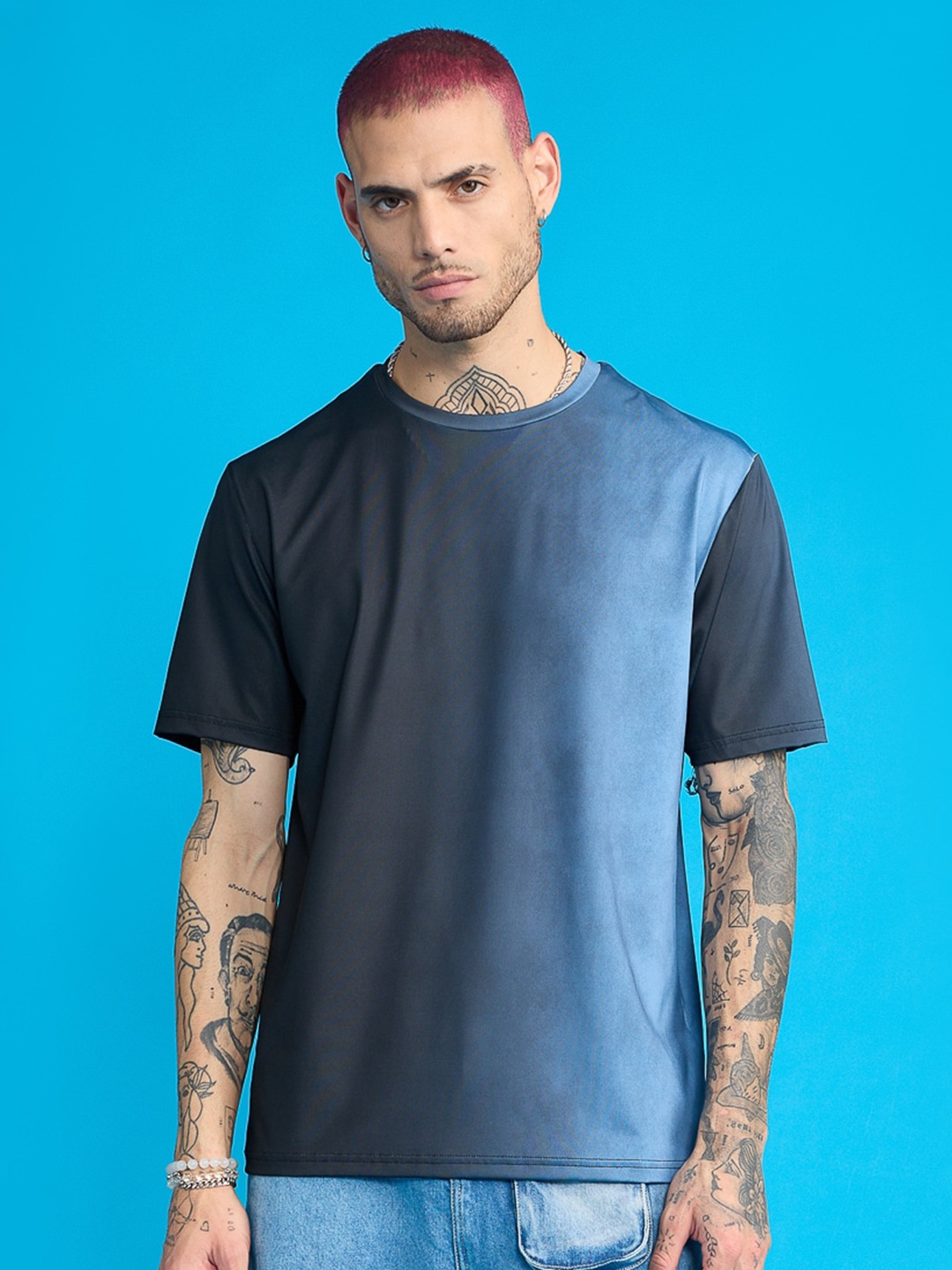 

FREAKINS Colourblocked Round Neck Short Sleeves Casual T-shirt, Black
