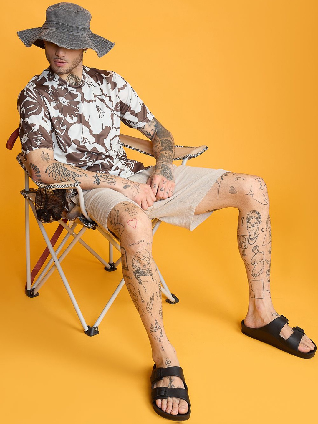 

FREAKINS Floral Printed Round Neck Casual T-shirt, Brown