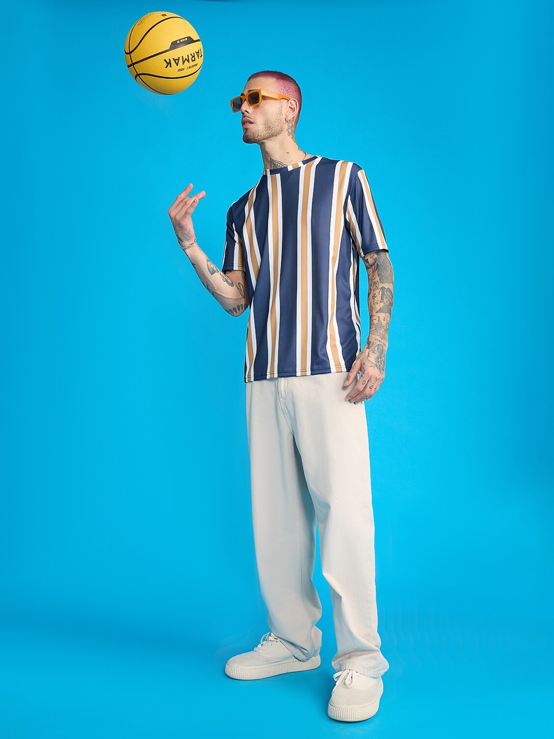 

FREAKINS Striped Round Neck Short Sleeves Casual T-shirt, Navy blue
