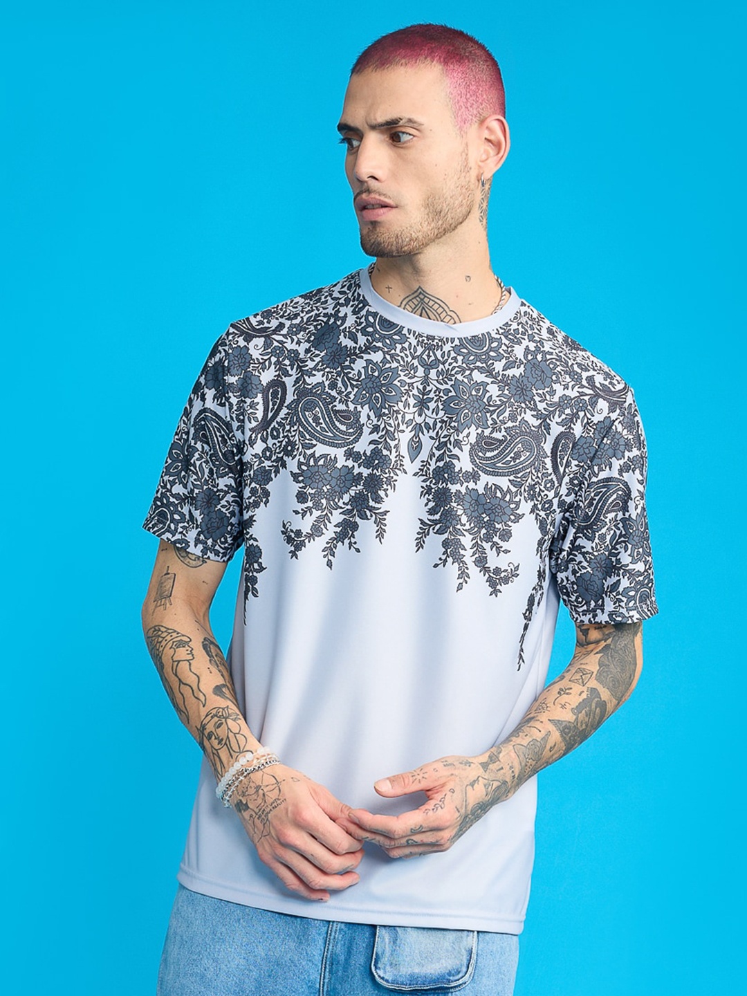 

FREAKINS Printed Short Sleeves Round Neck T-shirt, Grey