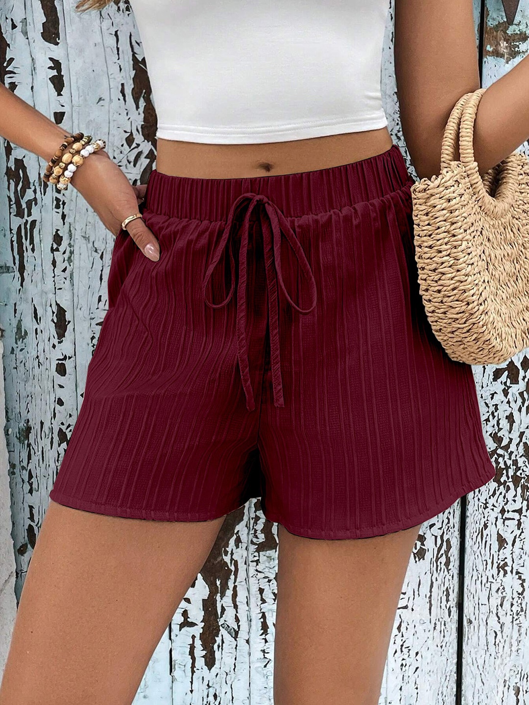 

RAJOVATI Women Slim Fit Self Design Cotton Shorts, Maroon