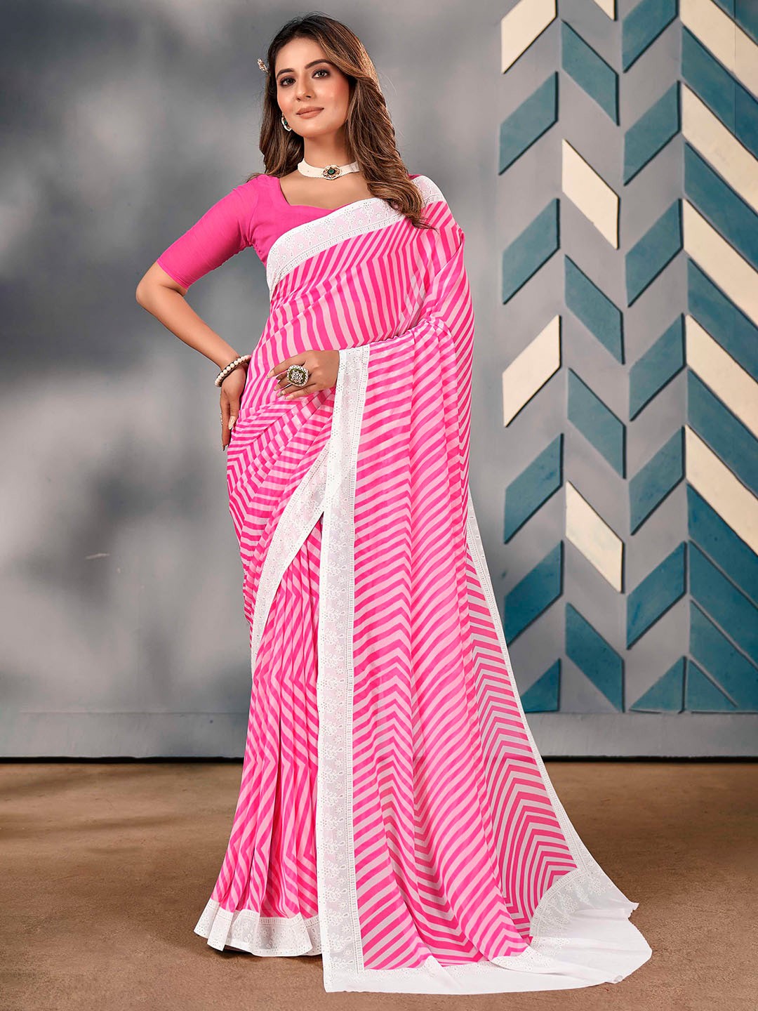 

Mitera Striped Embroidered Saree, Pink