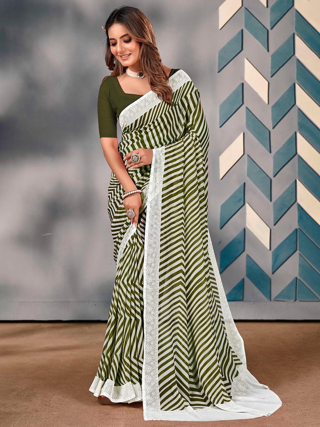 

Mitera Embroidered Leheriya Saree, Green