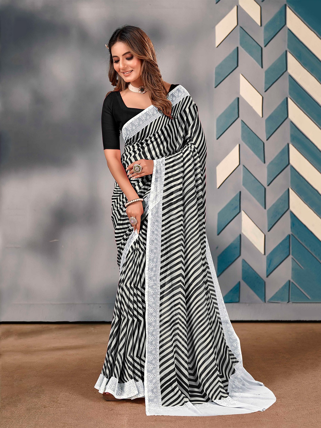 

Mitera Embroidered Leheriya Saree, Black