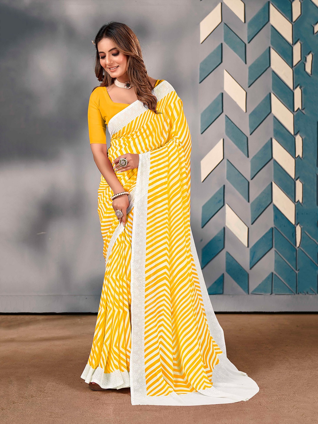 

Mitera Leheriya Embroidered Poly Georgette Saree, Yellow