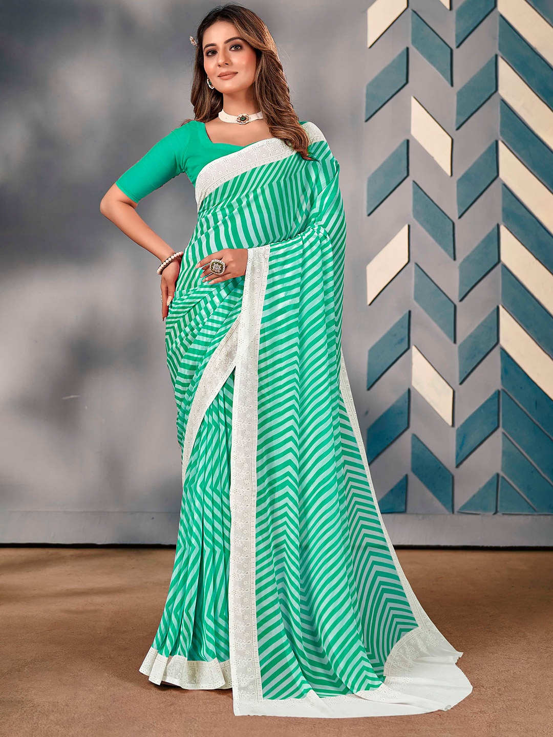 

Mitera Striped Embroidered Saree, Turquoise blue