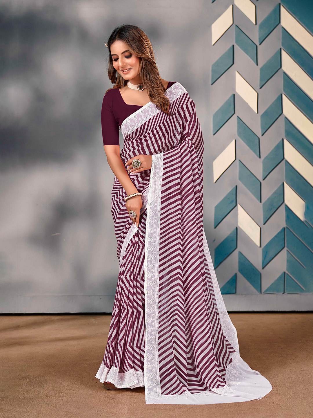 

Mitera Leheriya Embroidered Poly Georgette Saree, Purple