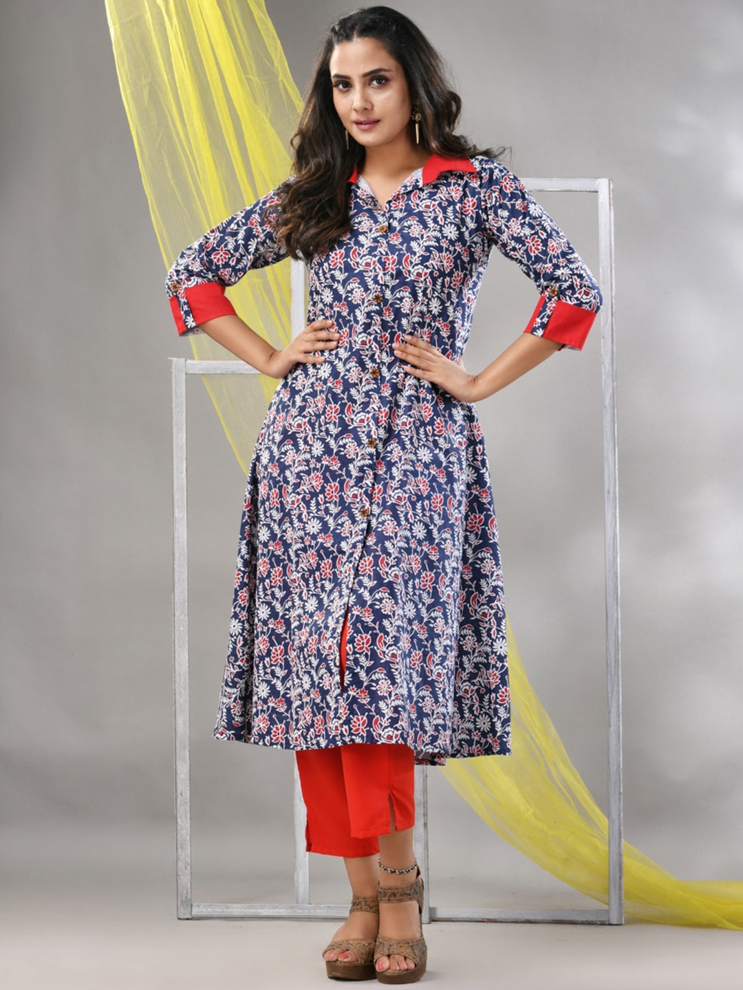 

Charukriti Floral Printed Shirt Collar Pure Cotton Anarkali Kurta With Trouser, Navy blue