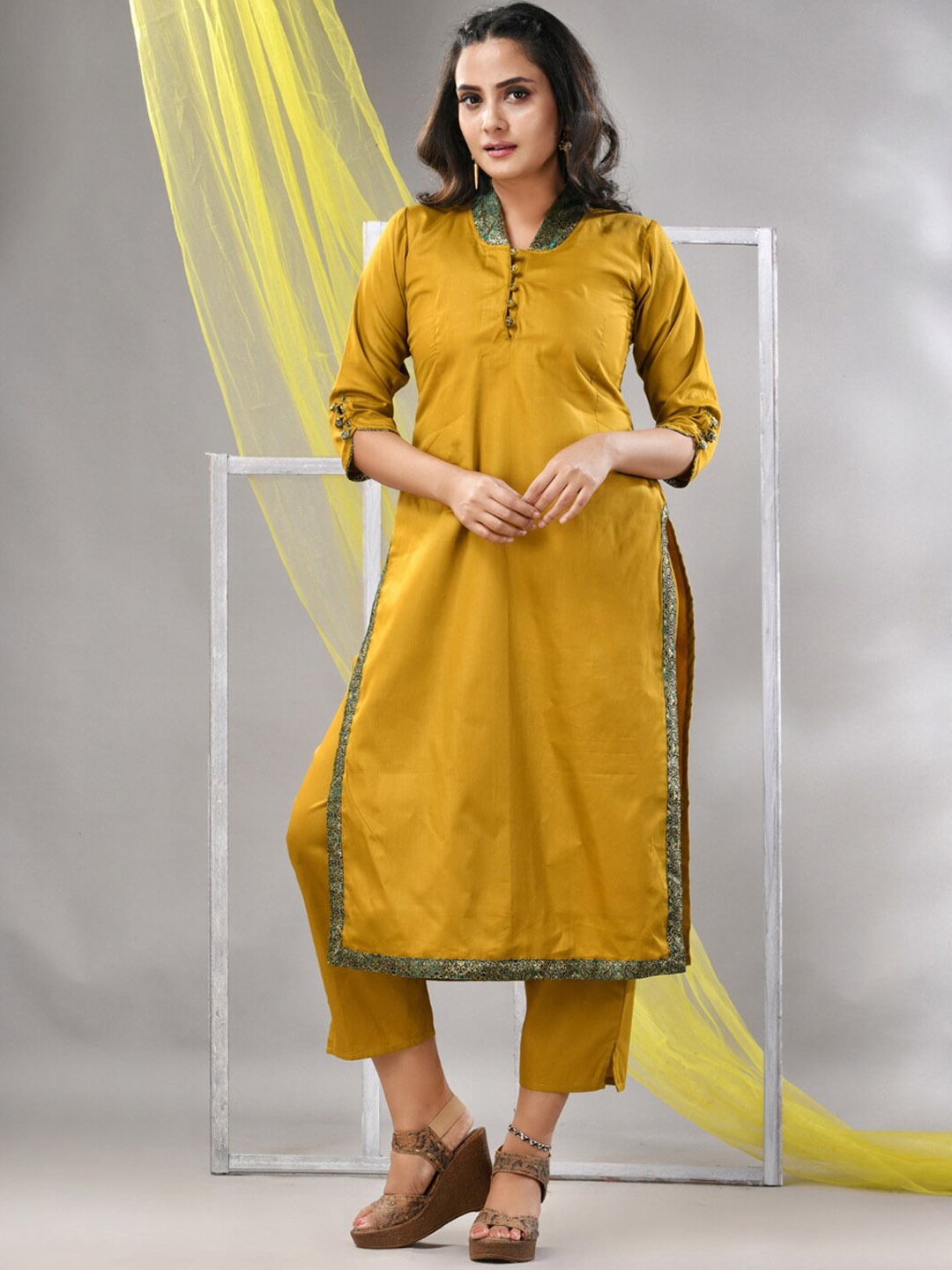 

Charukriti Shawl Collar Satin Straight Kurta With Trouser, Mustard