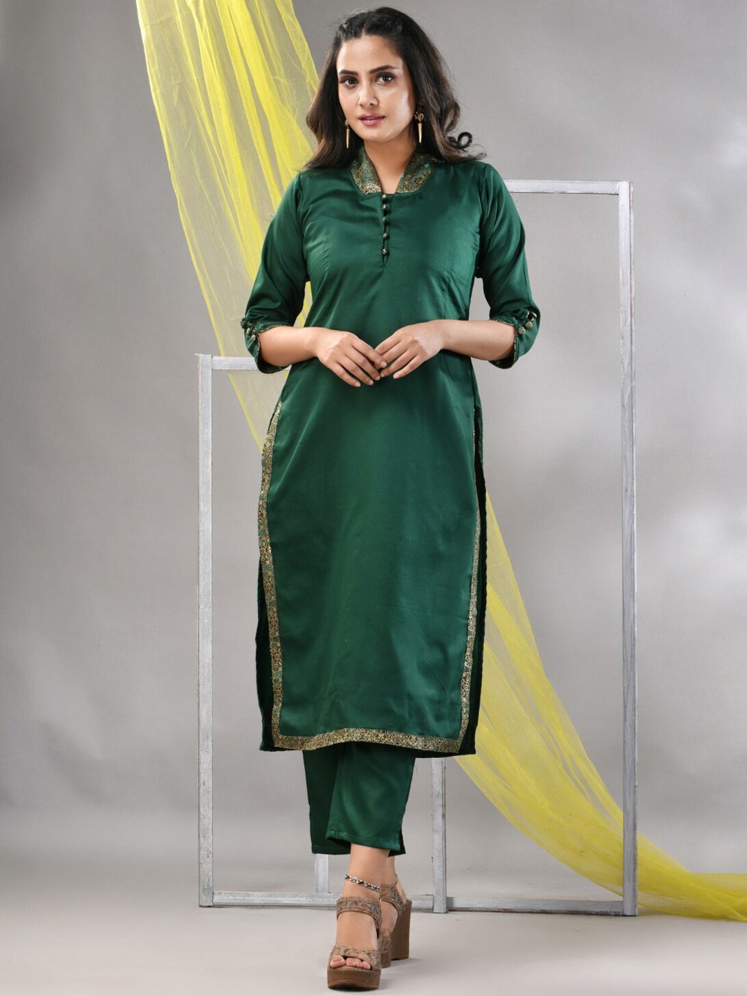 

Charukriti Shawl Collar Satin Straight Kurta With Trouser, Green