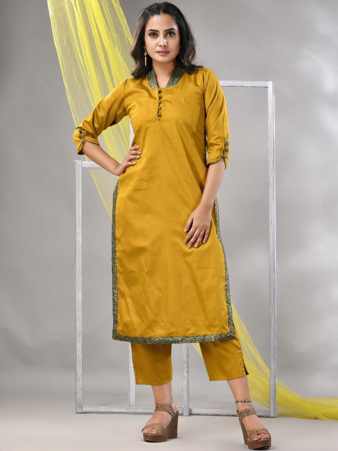 

Charukriti Shawl Collar Satin Straight Kurta With Trouser, Mustard