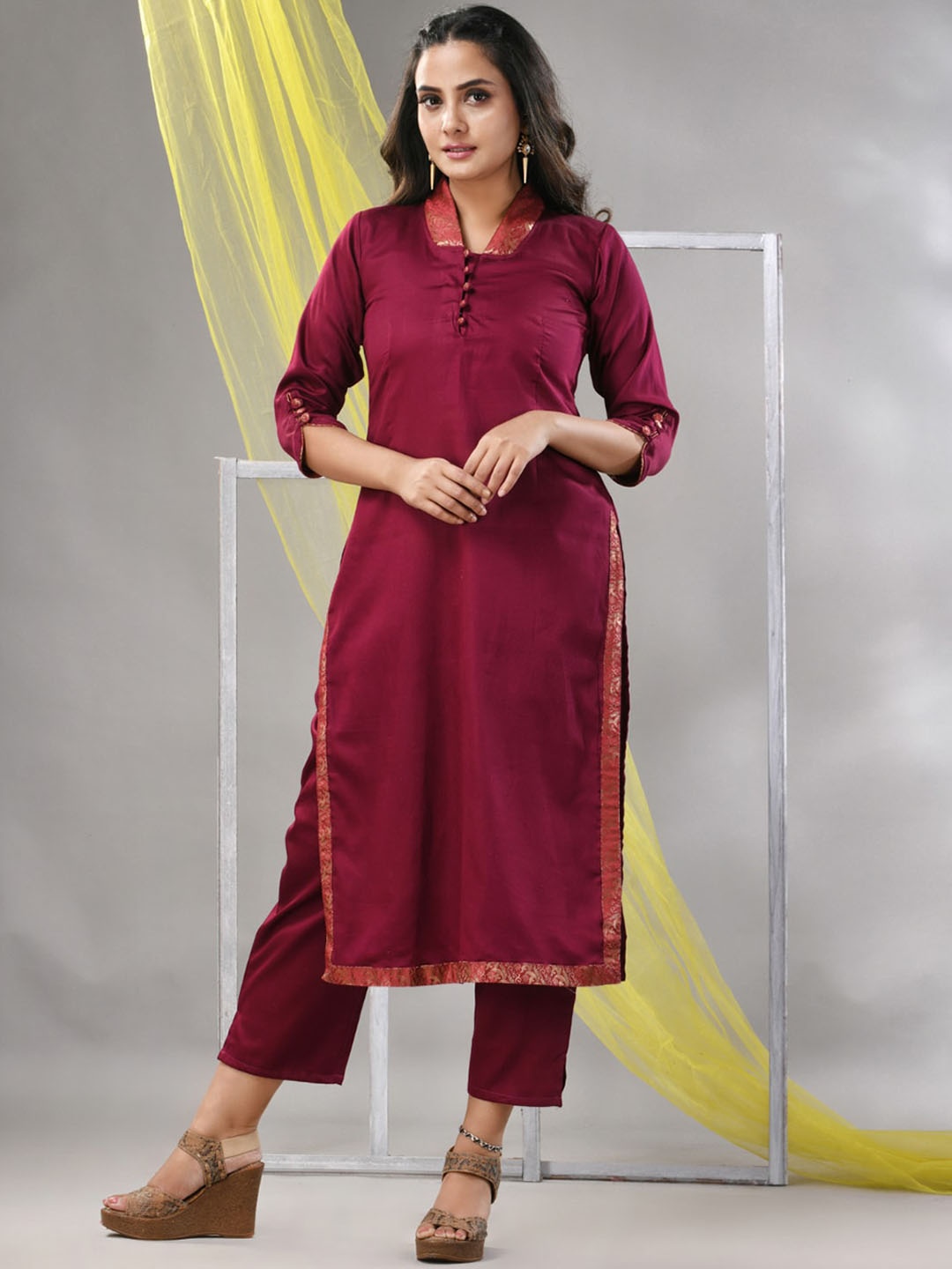 

Charukriti Satin Straight Kurta With Trousers, Magenta