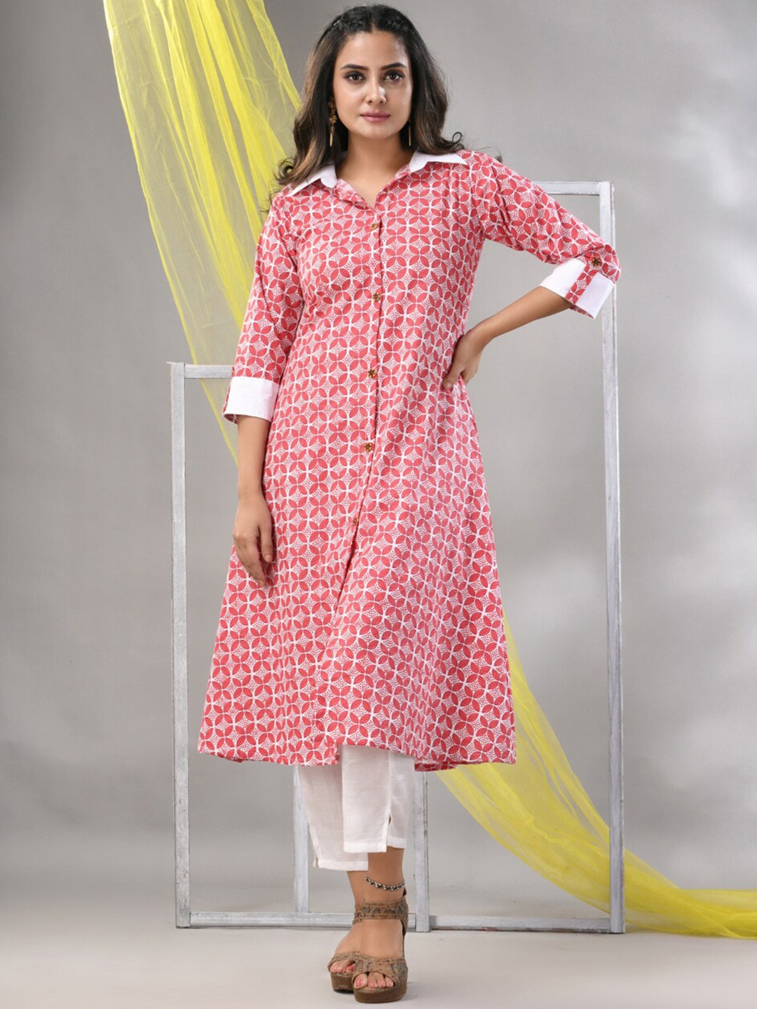

Charukriti Ethnic Motifs Printed Shirt Collar Pure Cotton A-Line Kurta With Trouser, Red
