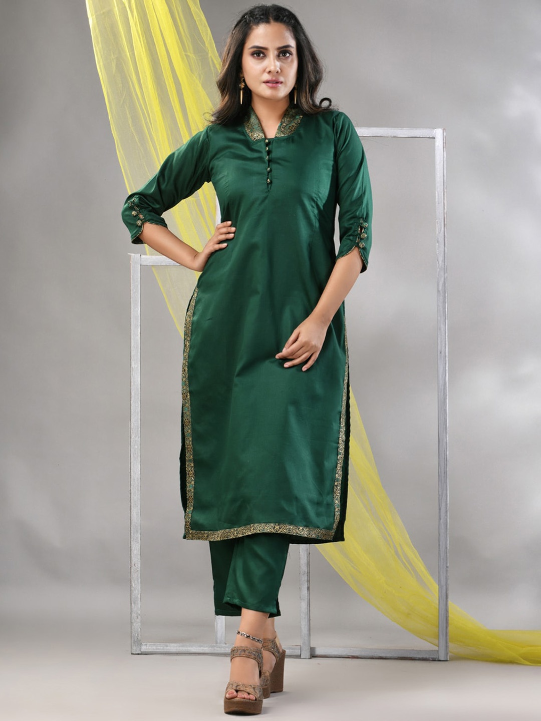 

Charukriti Shawl Collar Satin Straight Kurta With Trouser, Green