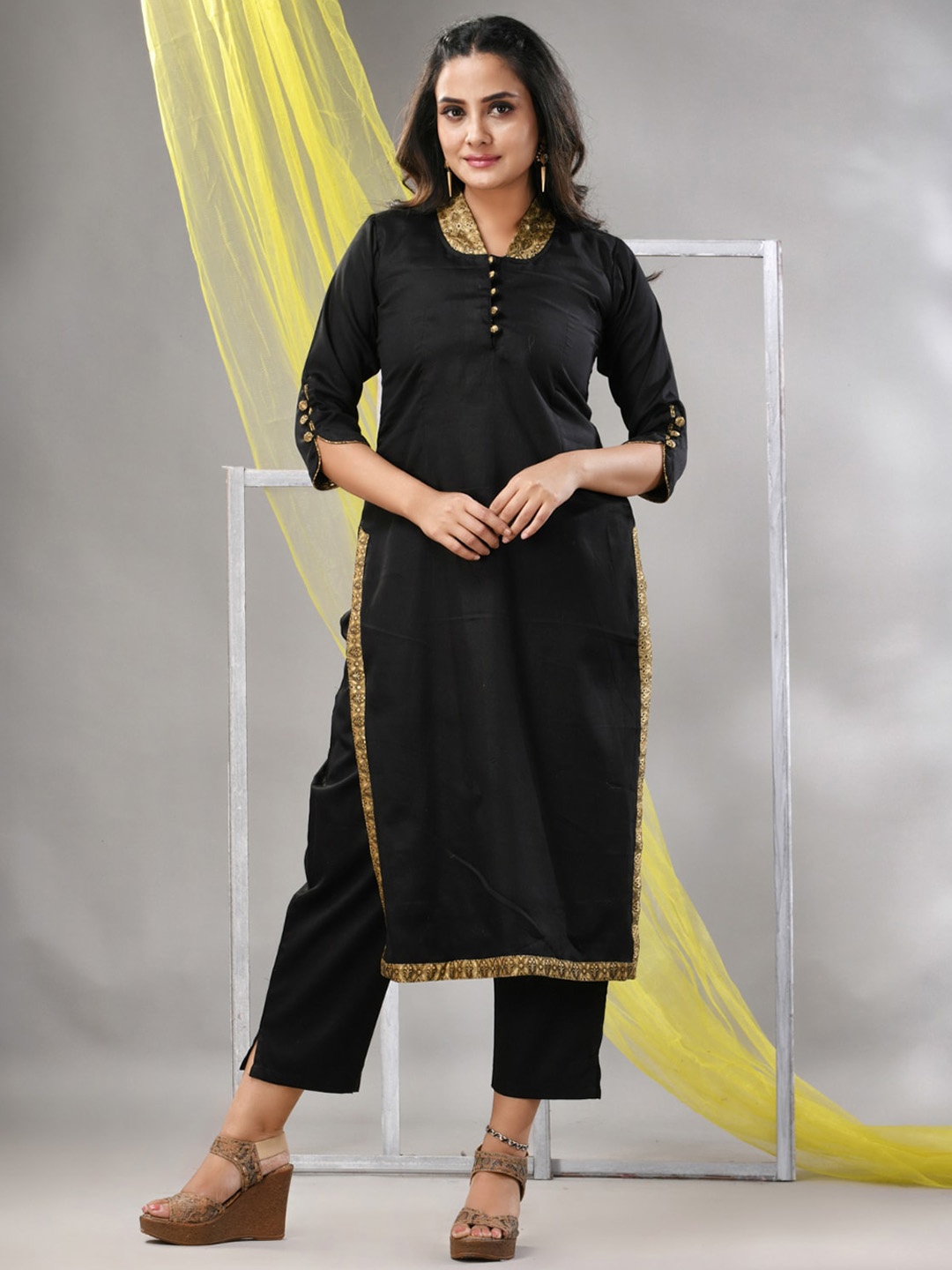 

Charukriti V-Neck Three-Quarter Sleeves Straight Kurta with Trousers, Black