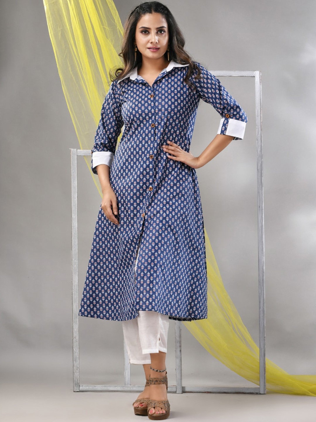 

Charukriti Ethnic Motifs Printed Shirt Collar Pure Cotton A-Line Kurta With Trouser, Navy blue