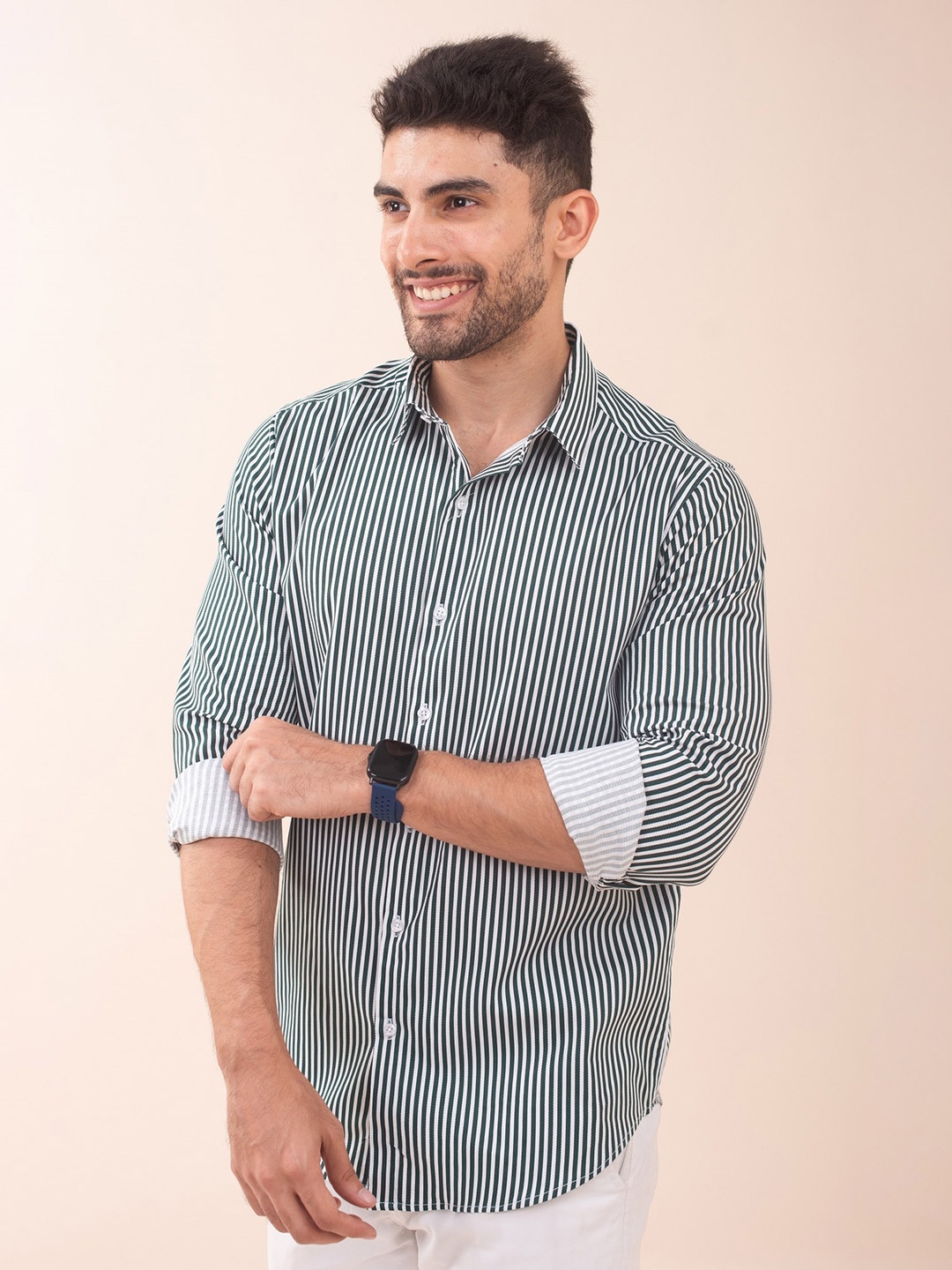 

The Bleu Label Classic Slim Fit Striped Spread Collar Cotton Casual Shirt, Green