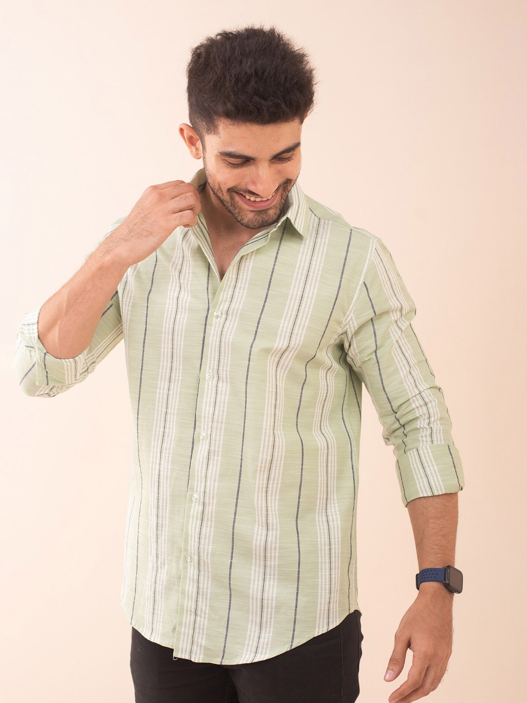 

The Bleu Label Classic Slim Fit Striped Spread Collar Cotton Casual Shirt, Green
