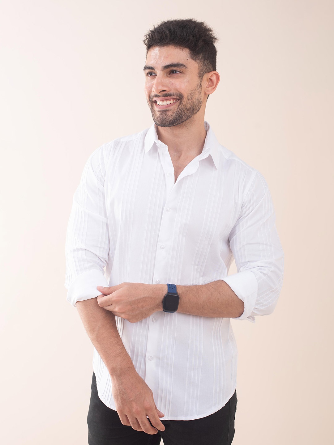 

The Bleu Label Classic Slim Fit Striped Spread Collar Cotton Casual Shirt, White